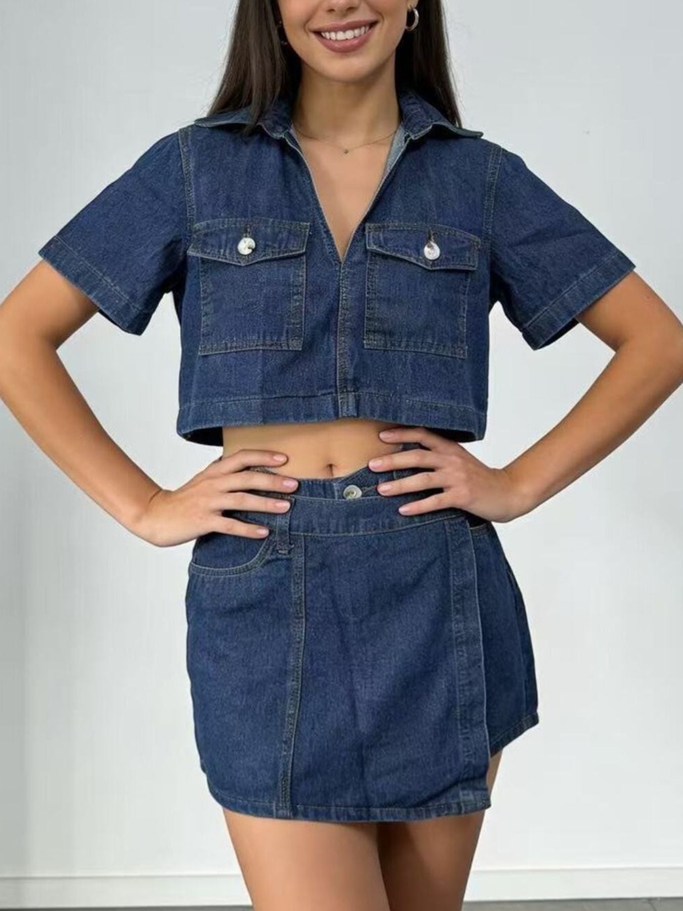 Short Sleeve Cropped Top and Skort Denim Set