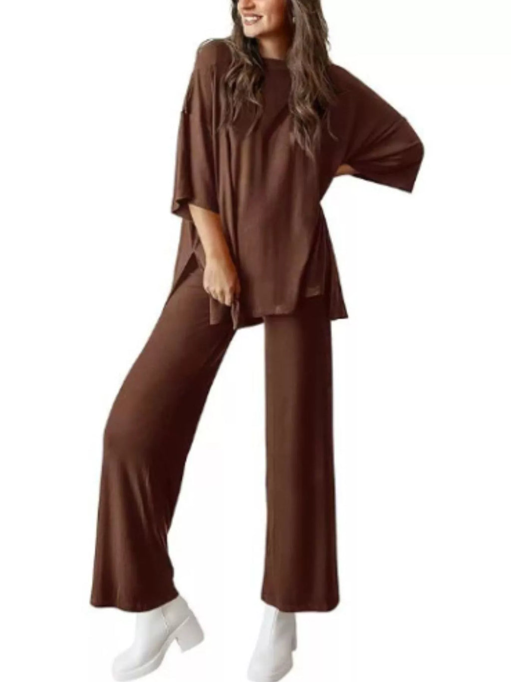 Relaxed Fit Round Neck Top and Pants Two-Piece Set