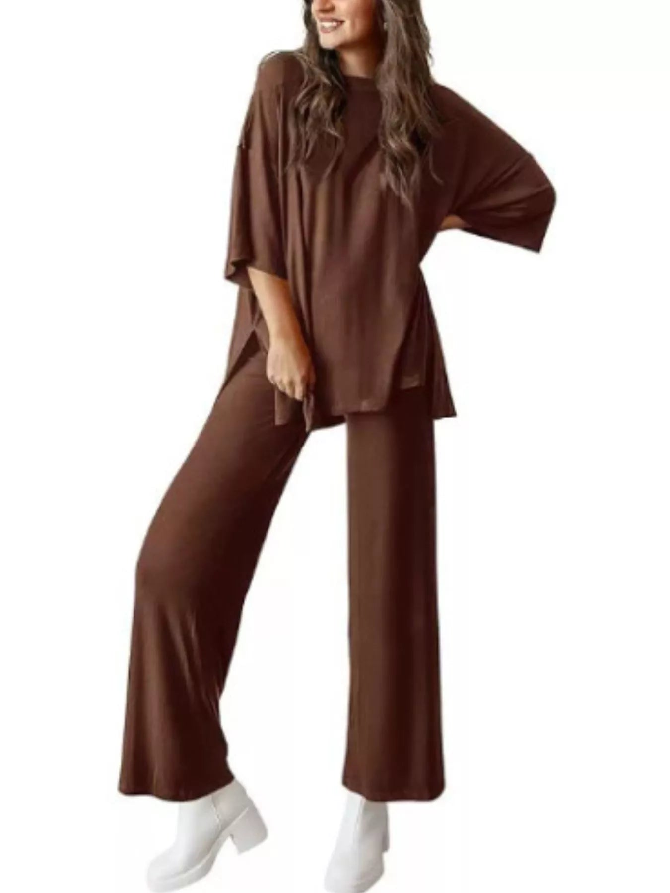 Relaxed Fit Round Neck Top and Pants Two-Piece Set