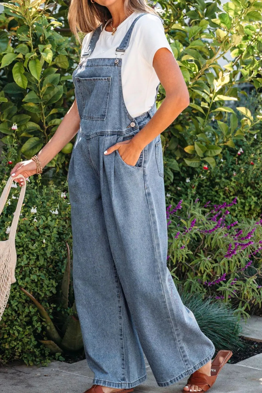 Pleated Wide Leg Retro Pocketed Denim Jumpsuit