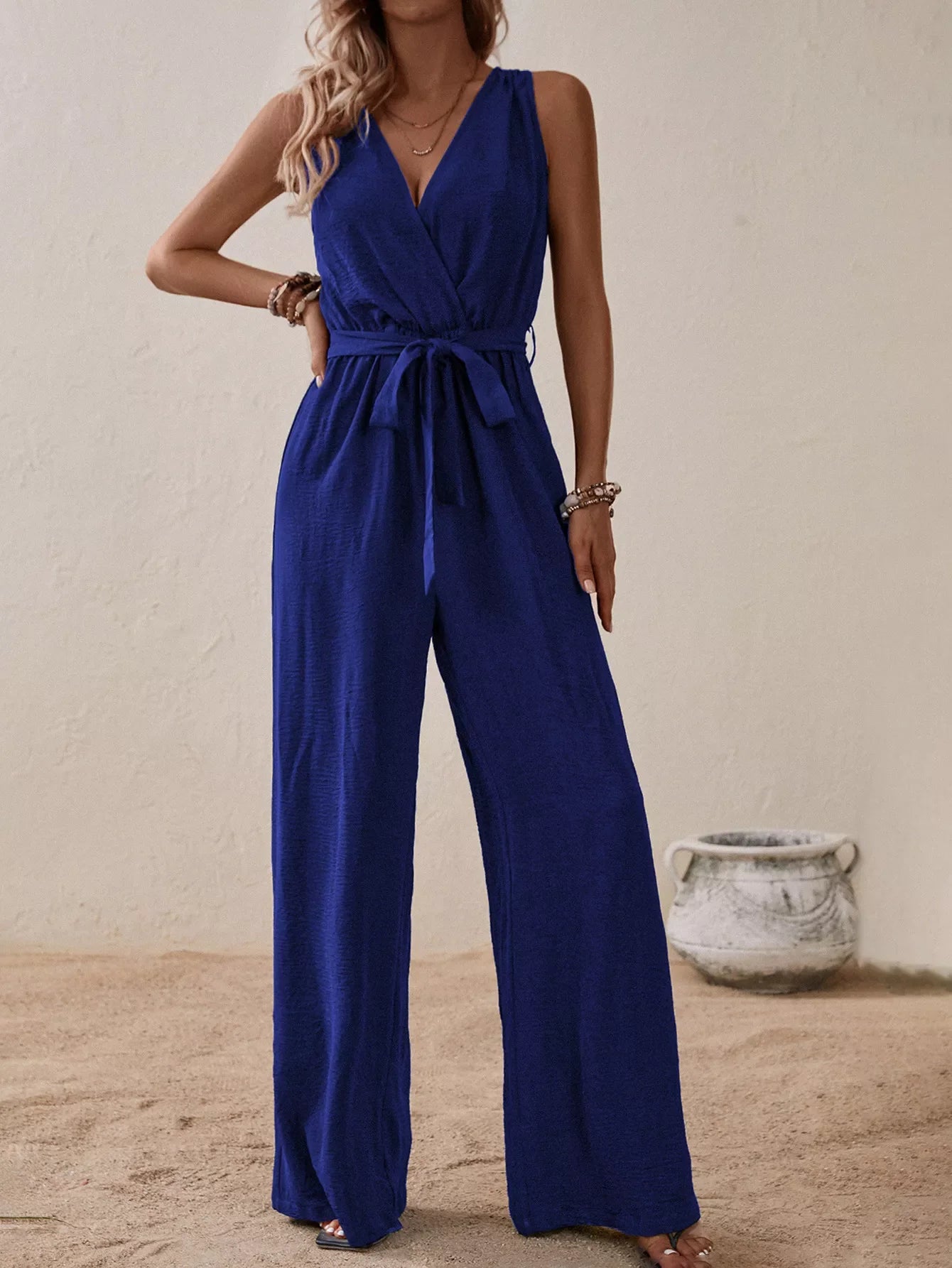 Sleeveless Tie Waist Wide Leg Jumpsuit