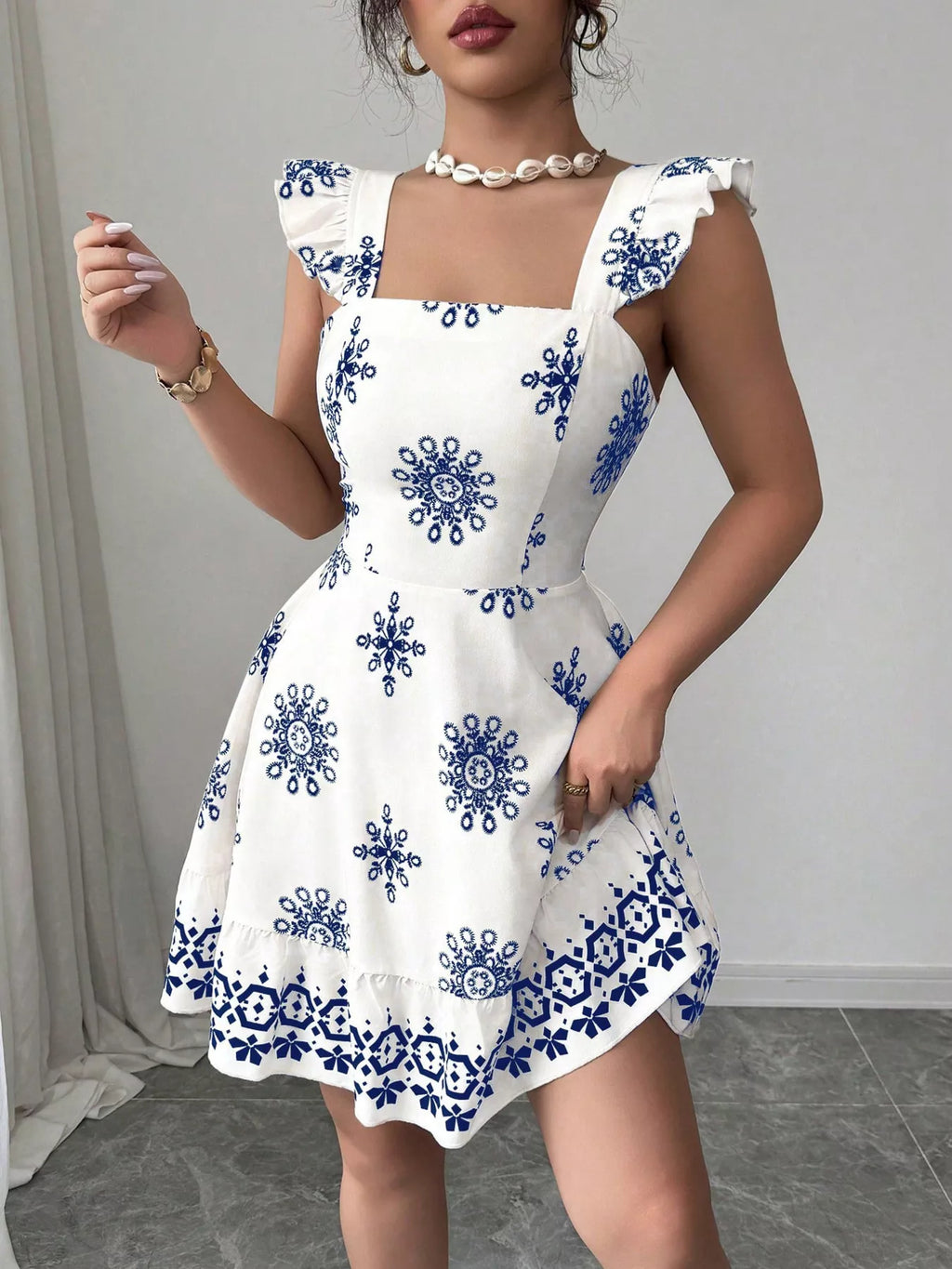 Printed Bow Back Square Neck Mini Dress
