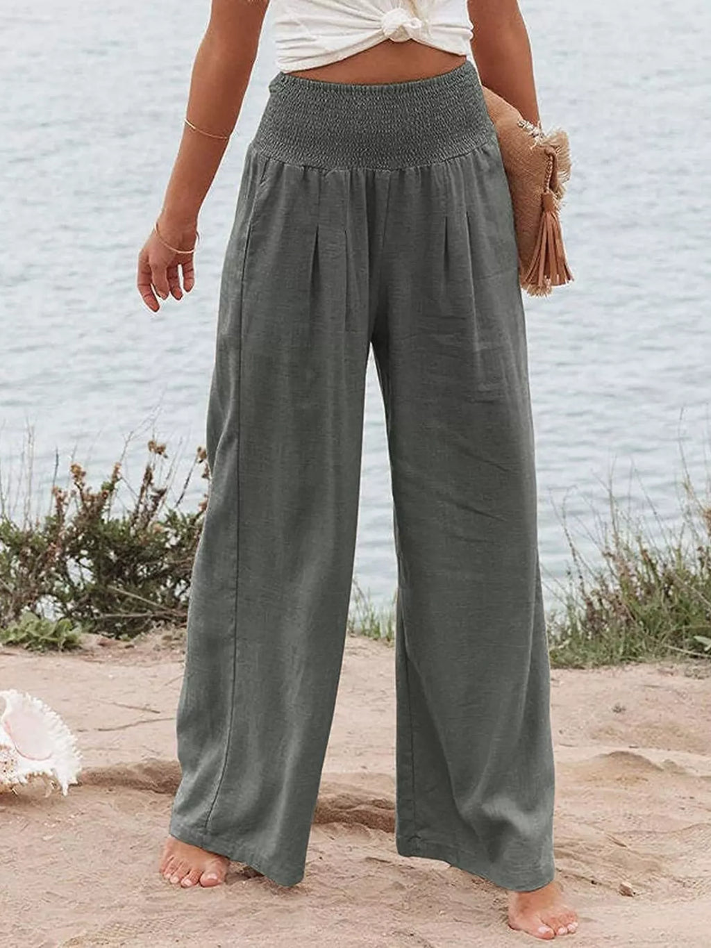 Smocked High Waisted Wide Leg Pants