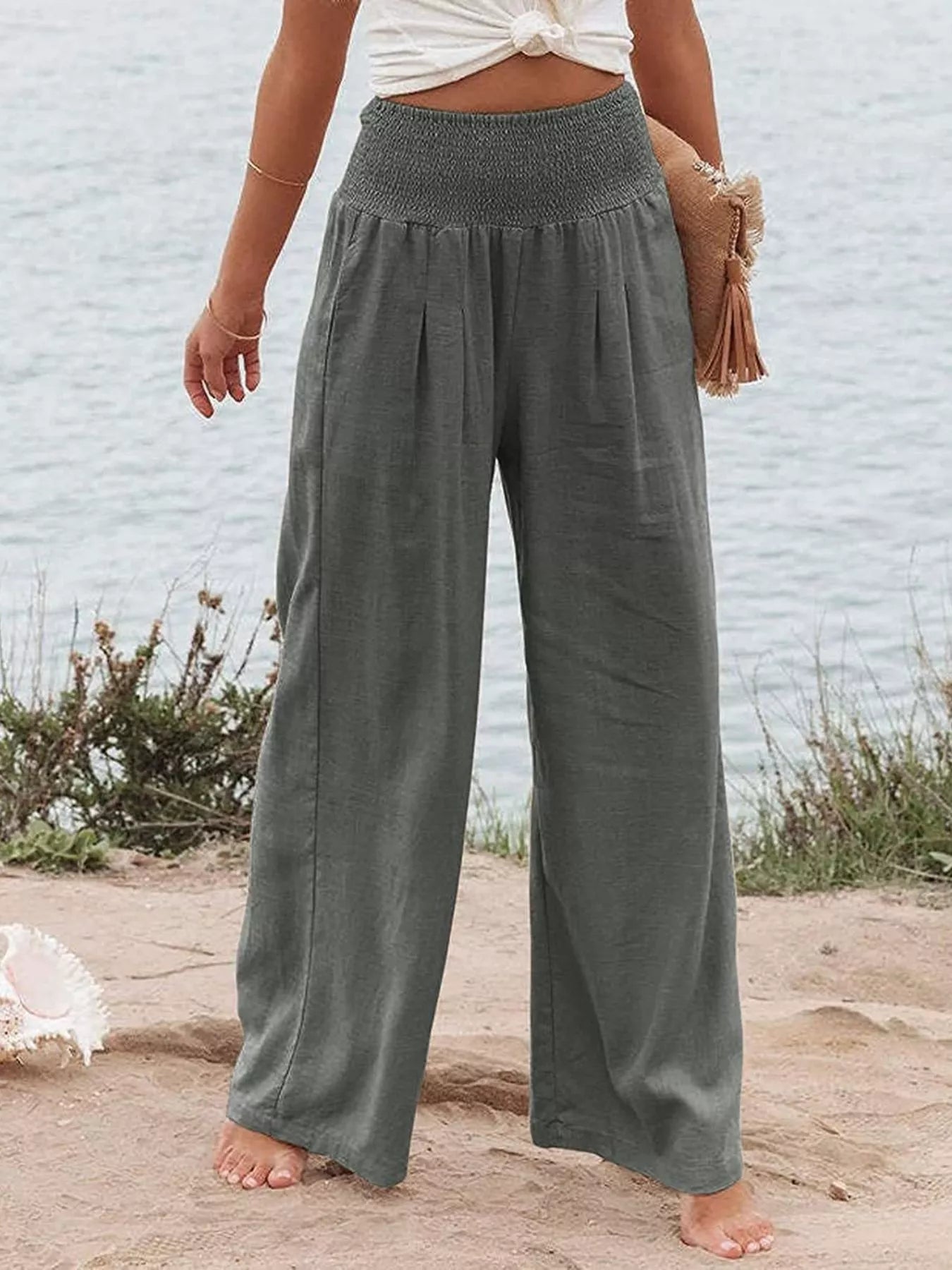 Smocked High Waisted Wide Leg Pants