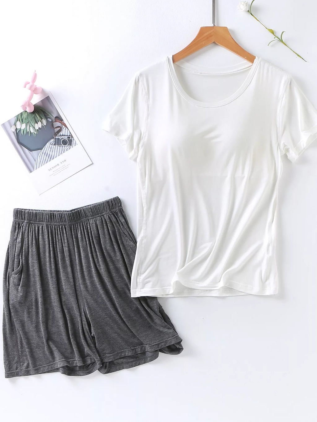 Plus Size Padded Round Neck Modal T-Shirt and Shorts Set