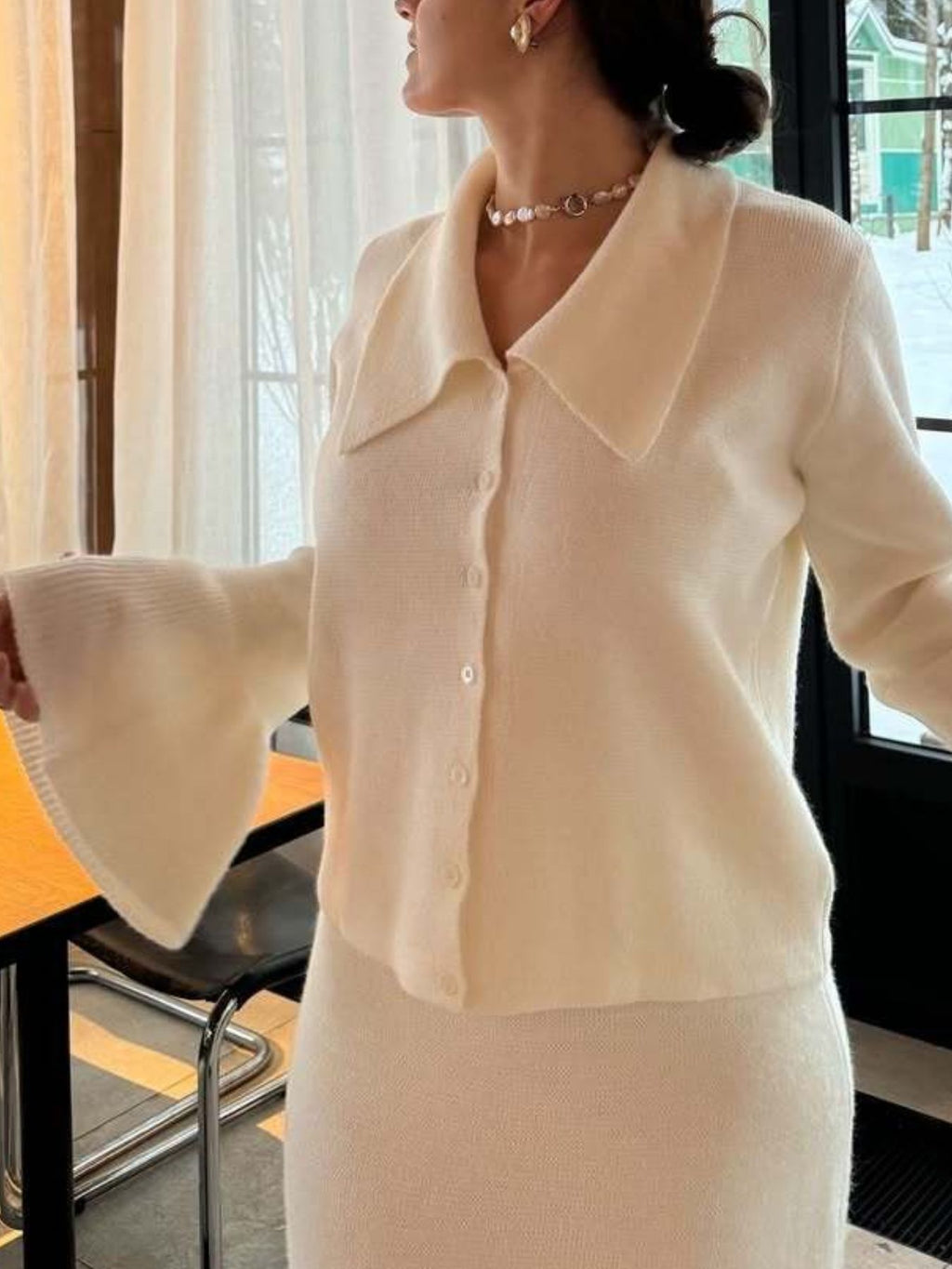 Button Down Long Sleeve Cardigan and Skirt Knit Set