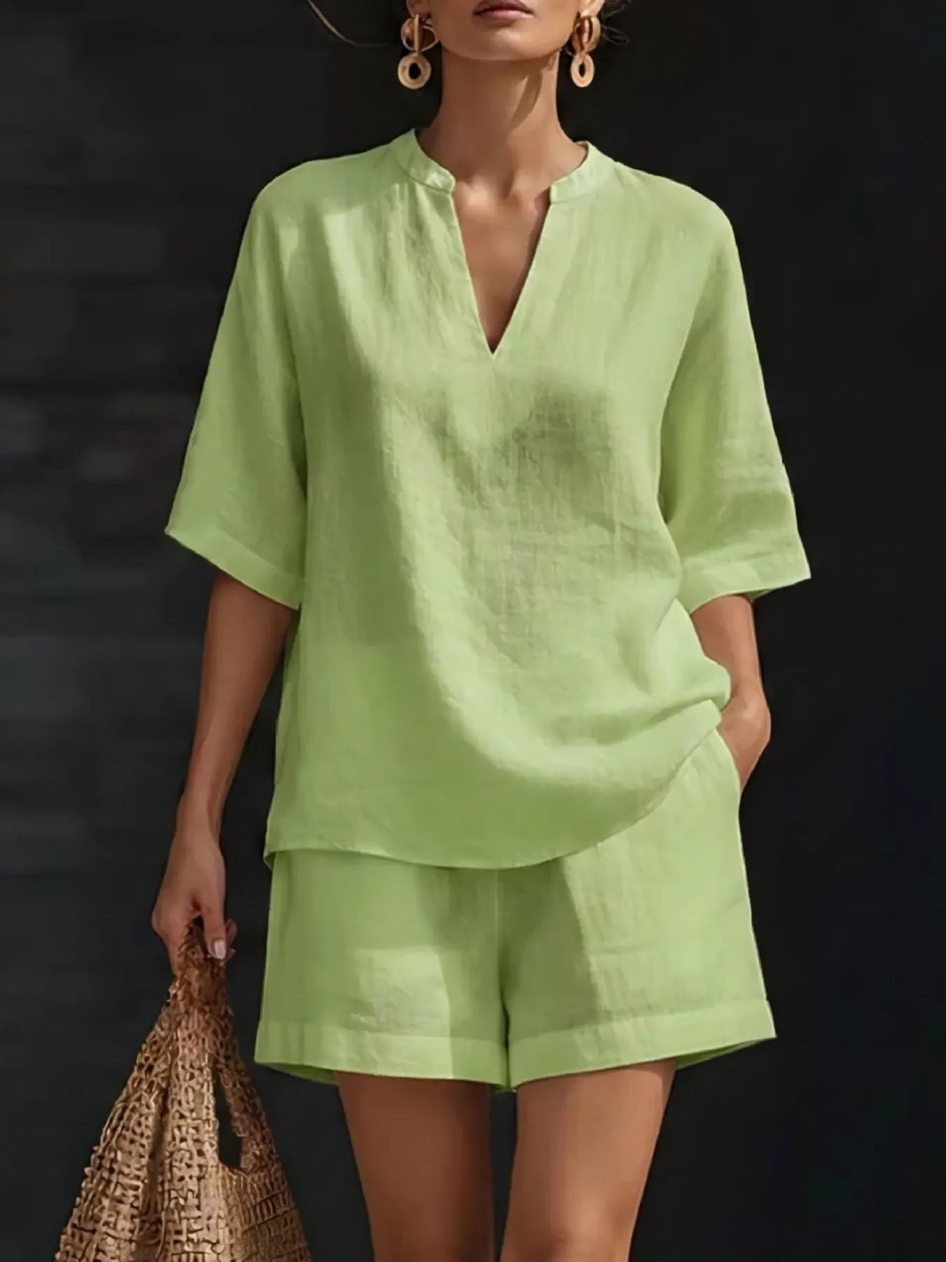 Full Size Notched Half Sleeve Top and Shorts Set Plus Size