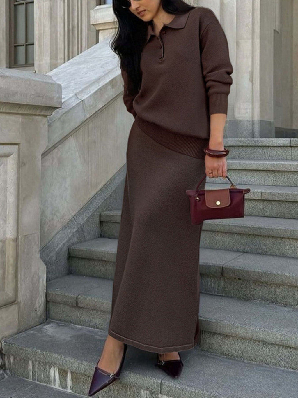 Polo Collar Top and Pants or Skirt Knit Set