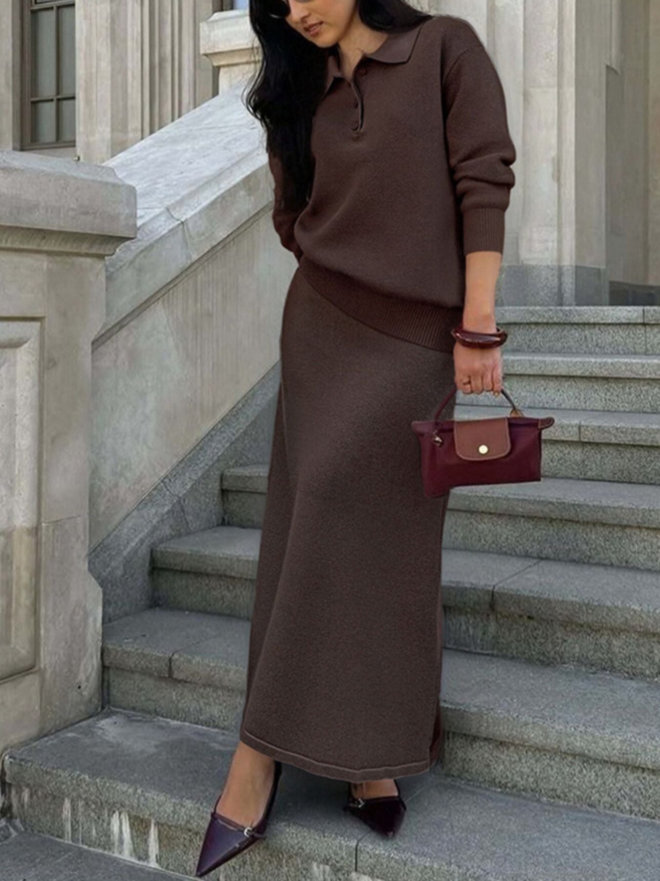 Polo Collar Top and Pants or Skirt Knit Set
