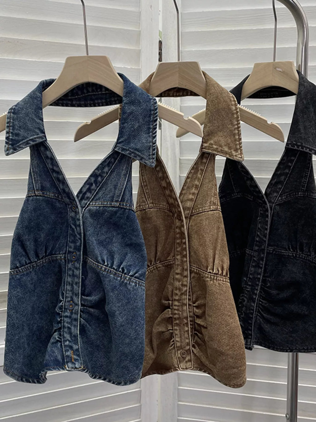 Smocked Denim Halter Collar Top