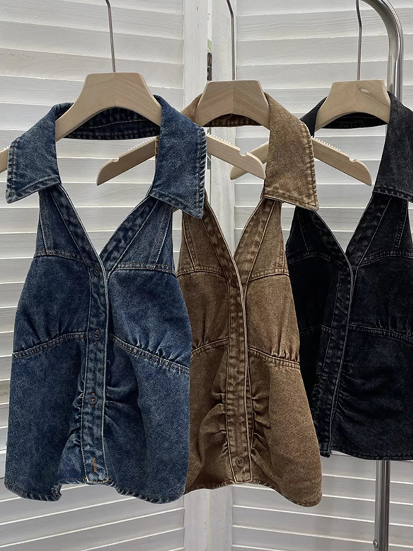 Smocked Denim Halter Collar Top