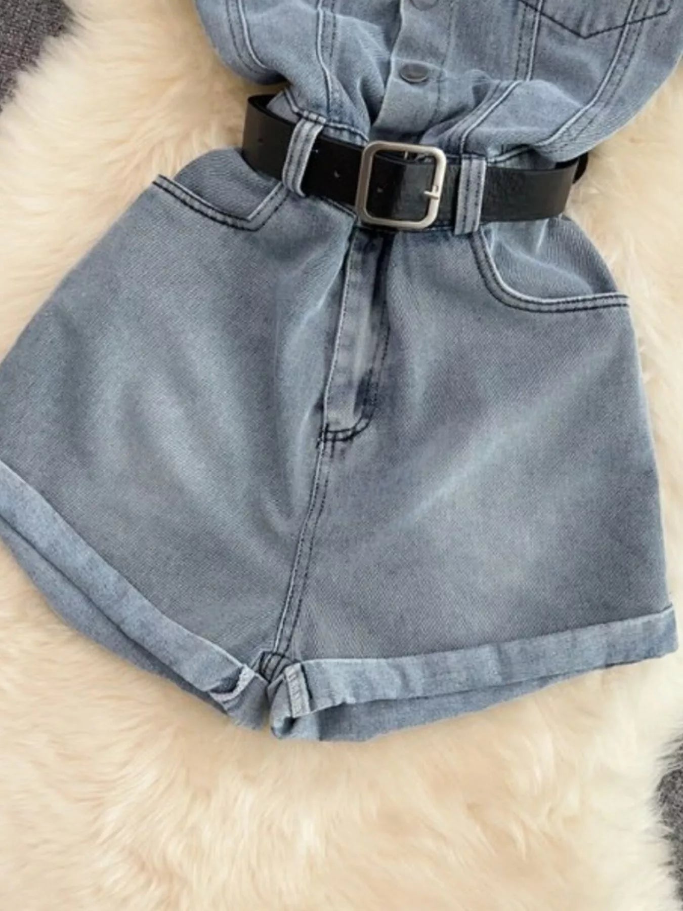 Button Front Short Sleeve Denim Romper