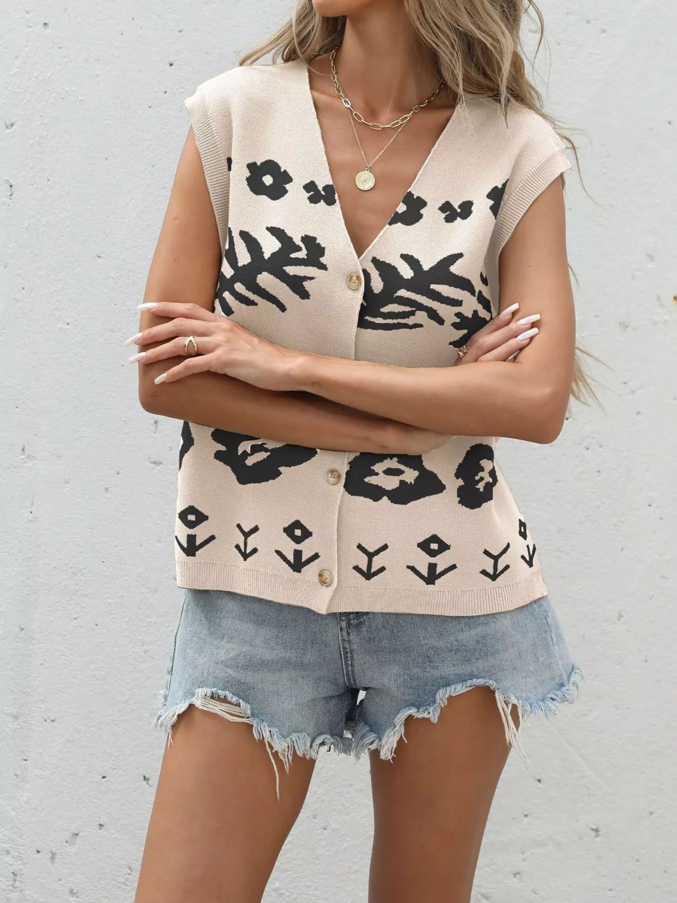 Floral V-Neck Cap Sleeve Cardigan
