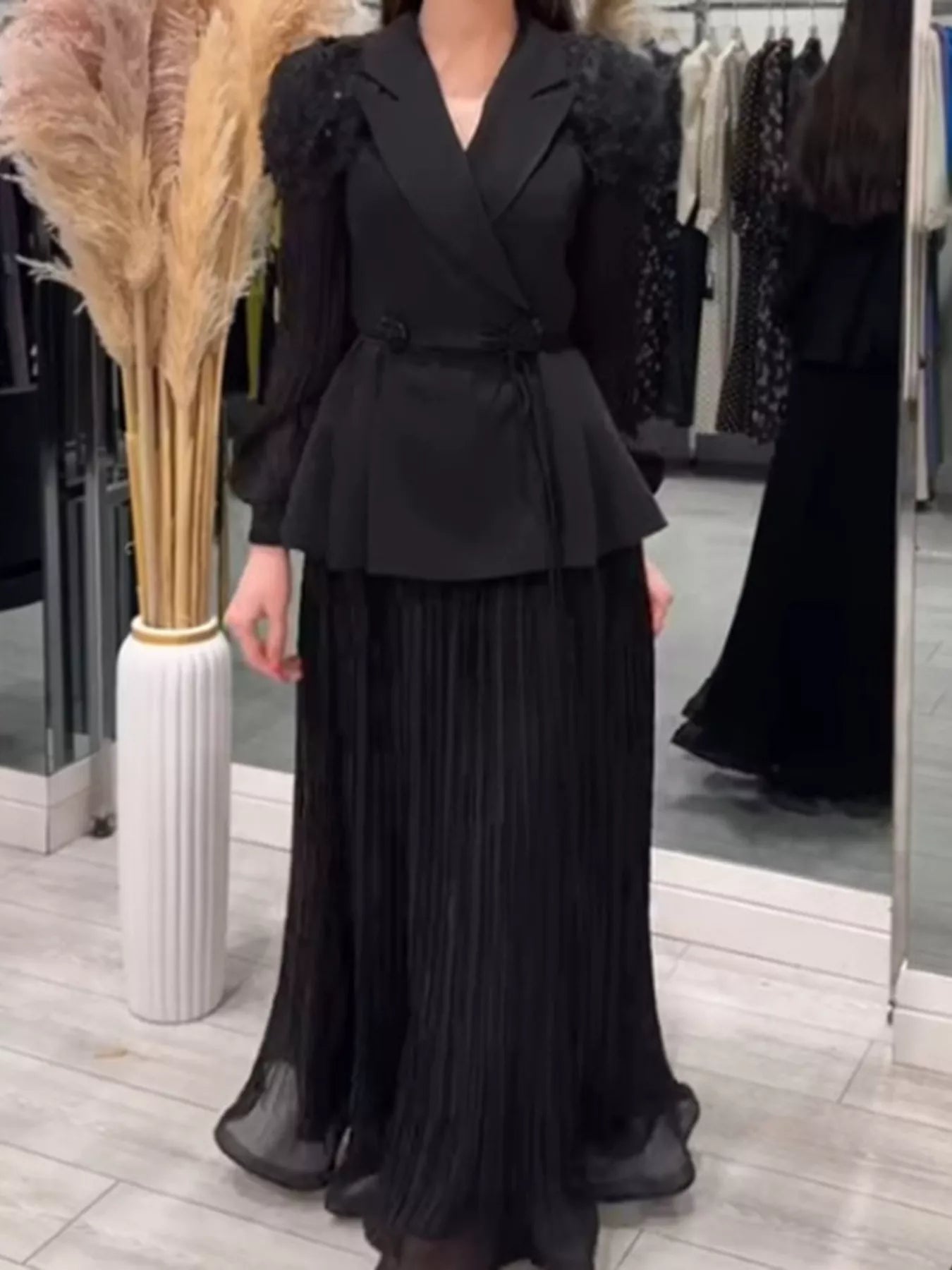 Frill Lapel Collar Top and Pleated Skirt Set