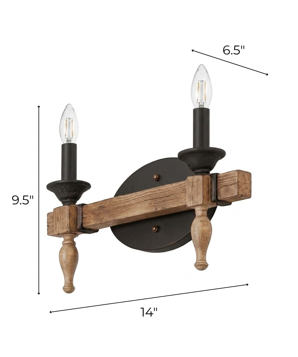 Glenwood 14"W 2-Light Aged Bronze and Distressed Oak Finish Bathroom Vanity Light Fixture – LampsUSA, view 2