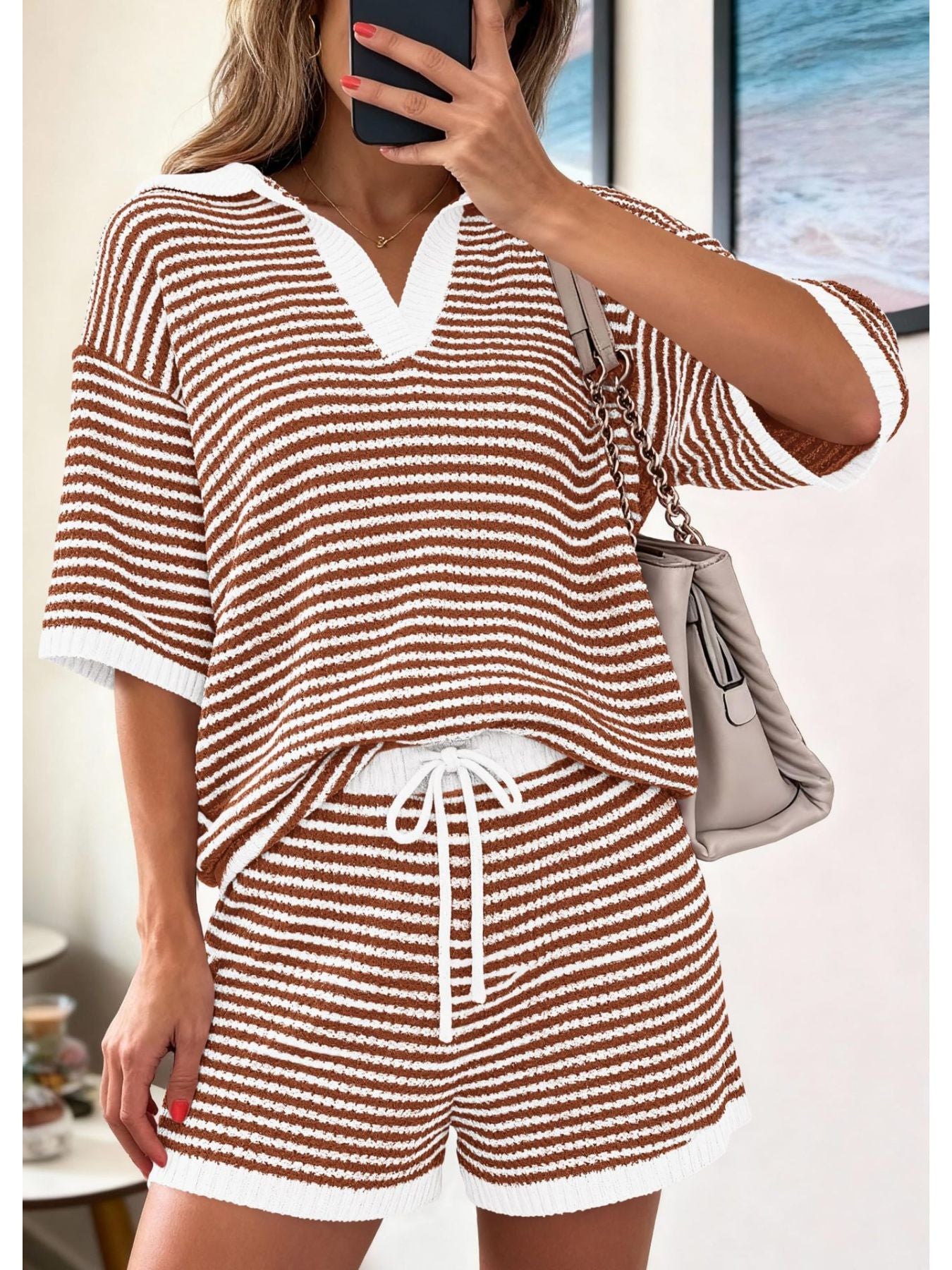 Striped Knit Polo Shirt & Shorts Set