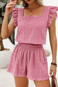 Ruffled Sleeve Textured Top and Shorts Two-Piece Set