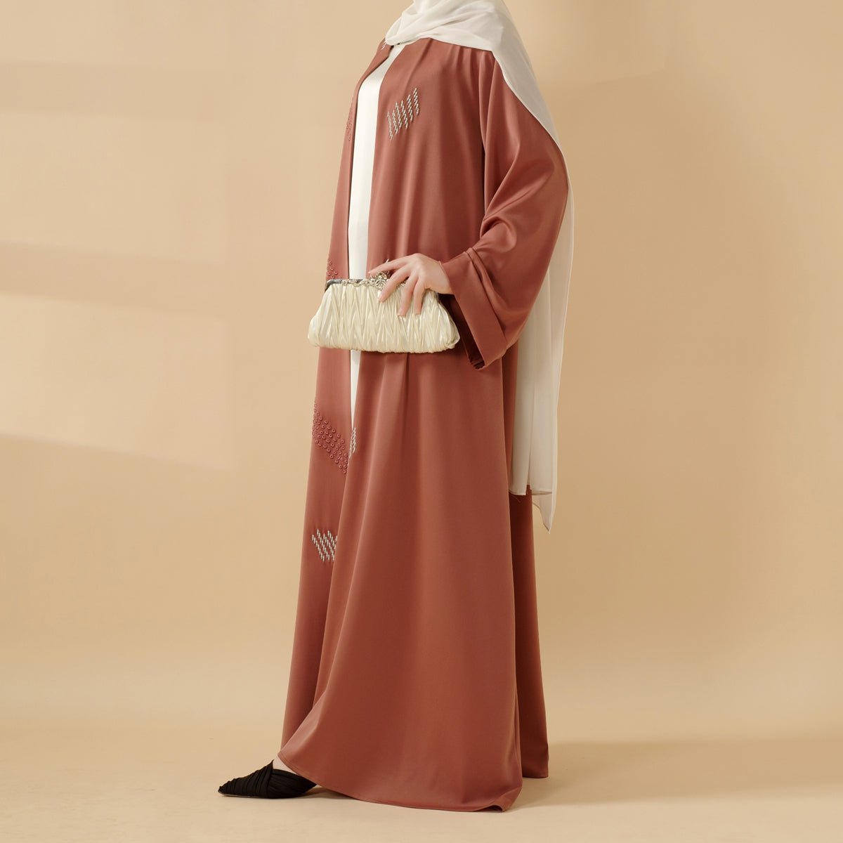 Mariam's Collection 3D Embroidery Abaya With Geometric Beads. 3D Embroidered Open Abaya (MOA085) — flat-lay composition