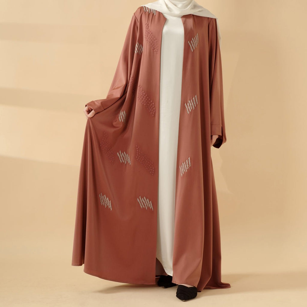 Mariam's Collection 3D Embroidery Abaya With Geometric Beads. 3D Embroidered Open Abaya (MOA085) — lifestyle worn / used context