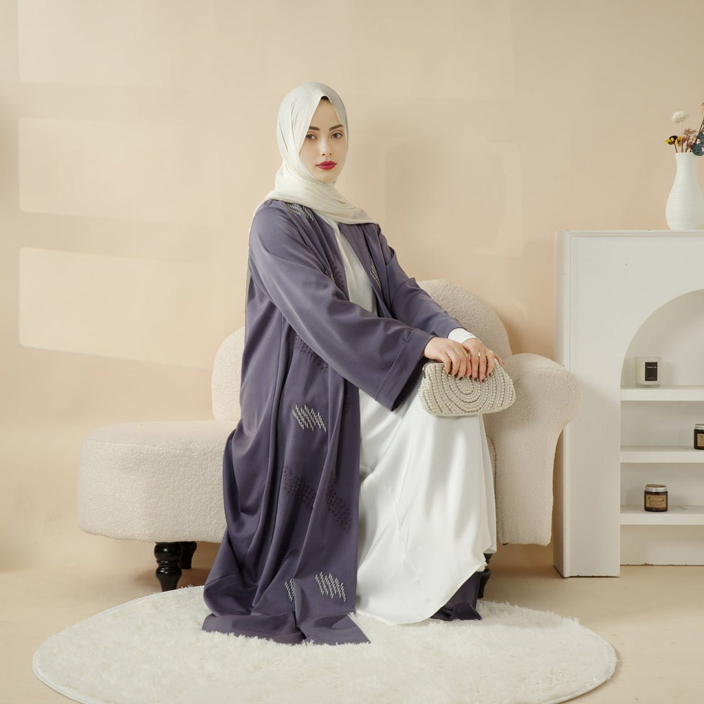Mariam's Collection 3D Embroidery Abaya With Geometric Beads. 3D Embroidered Open Abaya (MOA085) — fabric or material detail