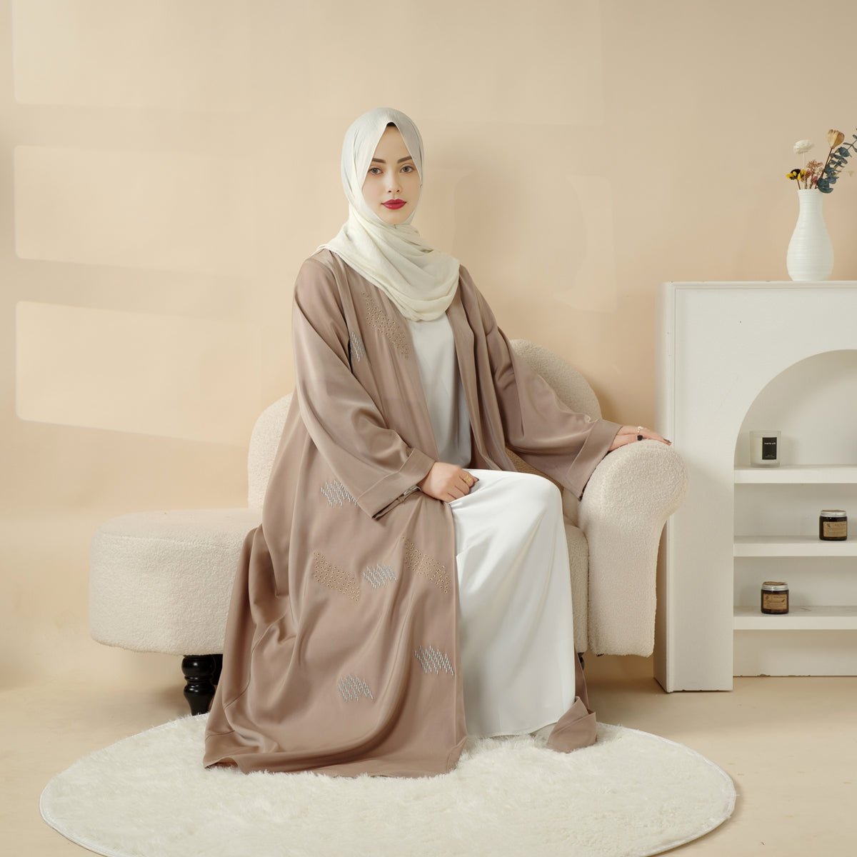 Mariam's Collection 3D Embroidery Abaya With Geometric Beads. 3D Embroidered Open Abaya (MOA085) — product on model
