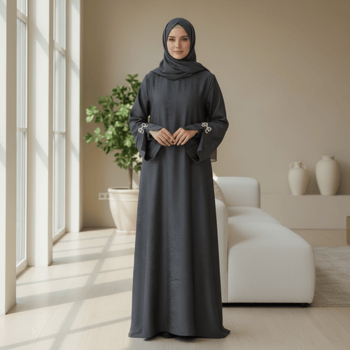 3D Jacquard Bow Abaya & Hijab Set | Butterfly Sleeve Brocade Dress(MA352)