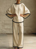 Full Size Contrast Trim Top and Wide-Leg Pants Set Plus Size