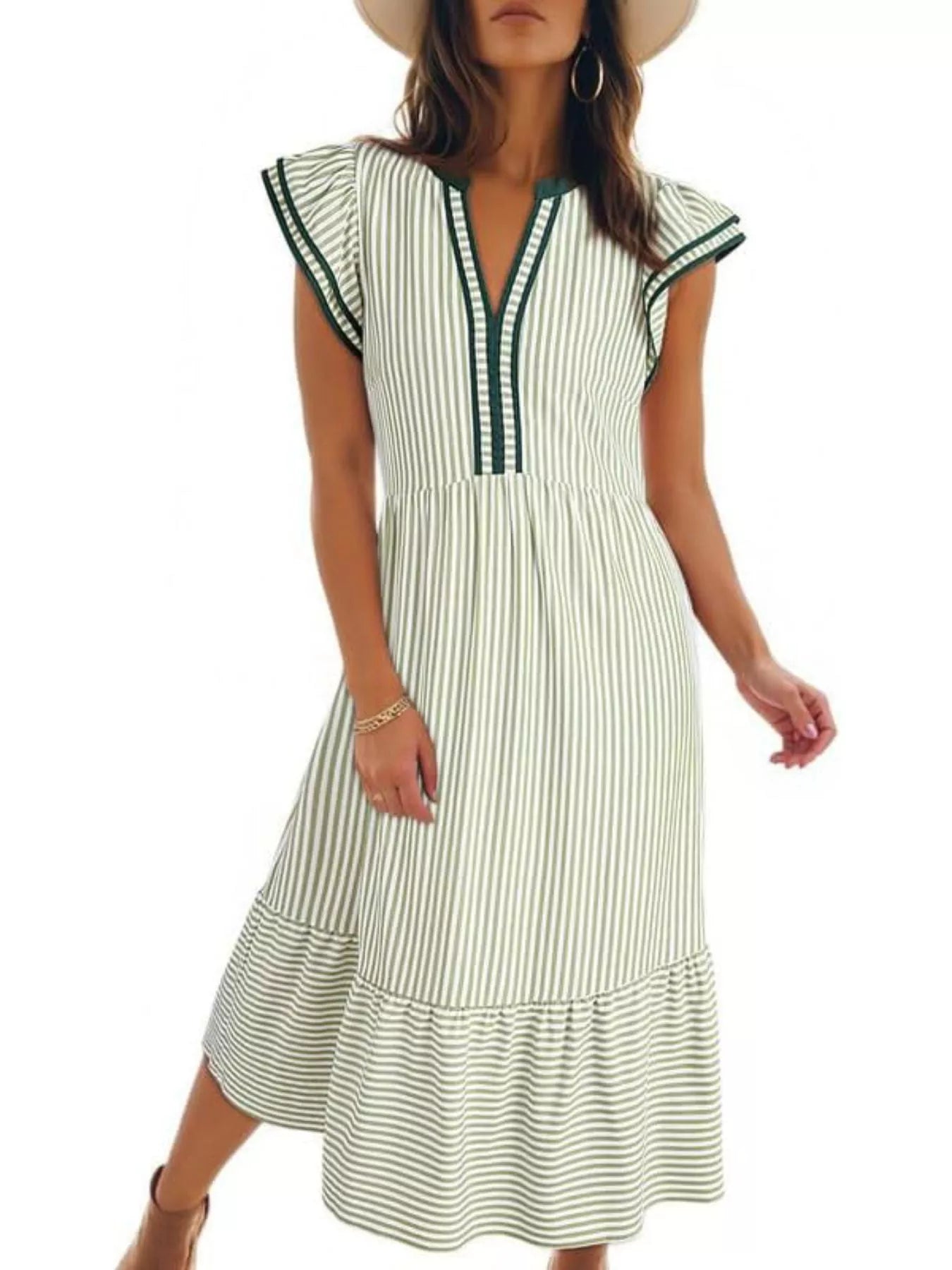 Striped Ruffle Sleeve Midi Dress