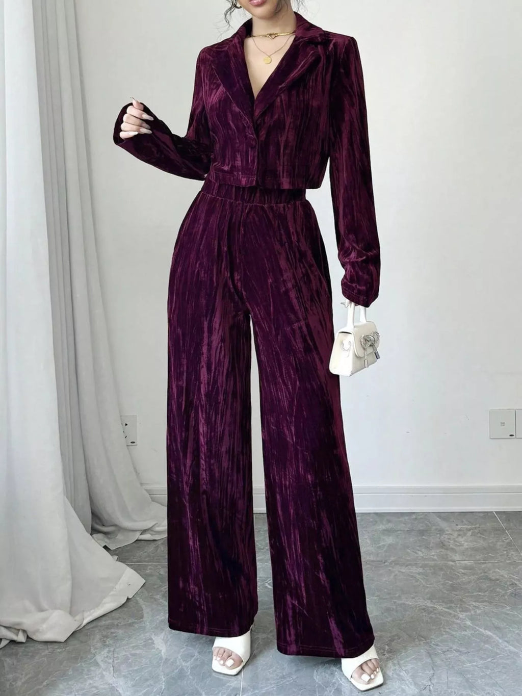 Pleated Velvet Blazer & Wide Leg Pants Set