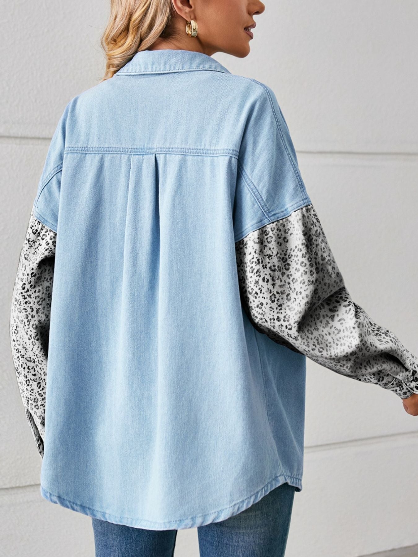 Leopard Patchwork Button Up Denim Shirt