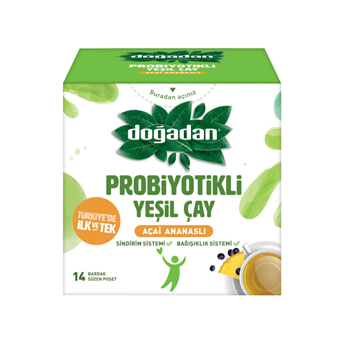 Doğadan Probiotic Green Tea with Açai and Pineapple Flavor - 14 Tea Bags | Supports Gut Health & Immune System