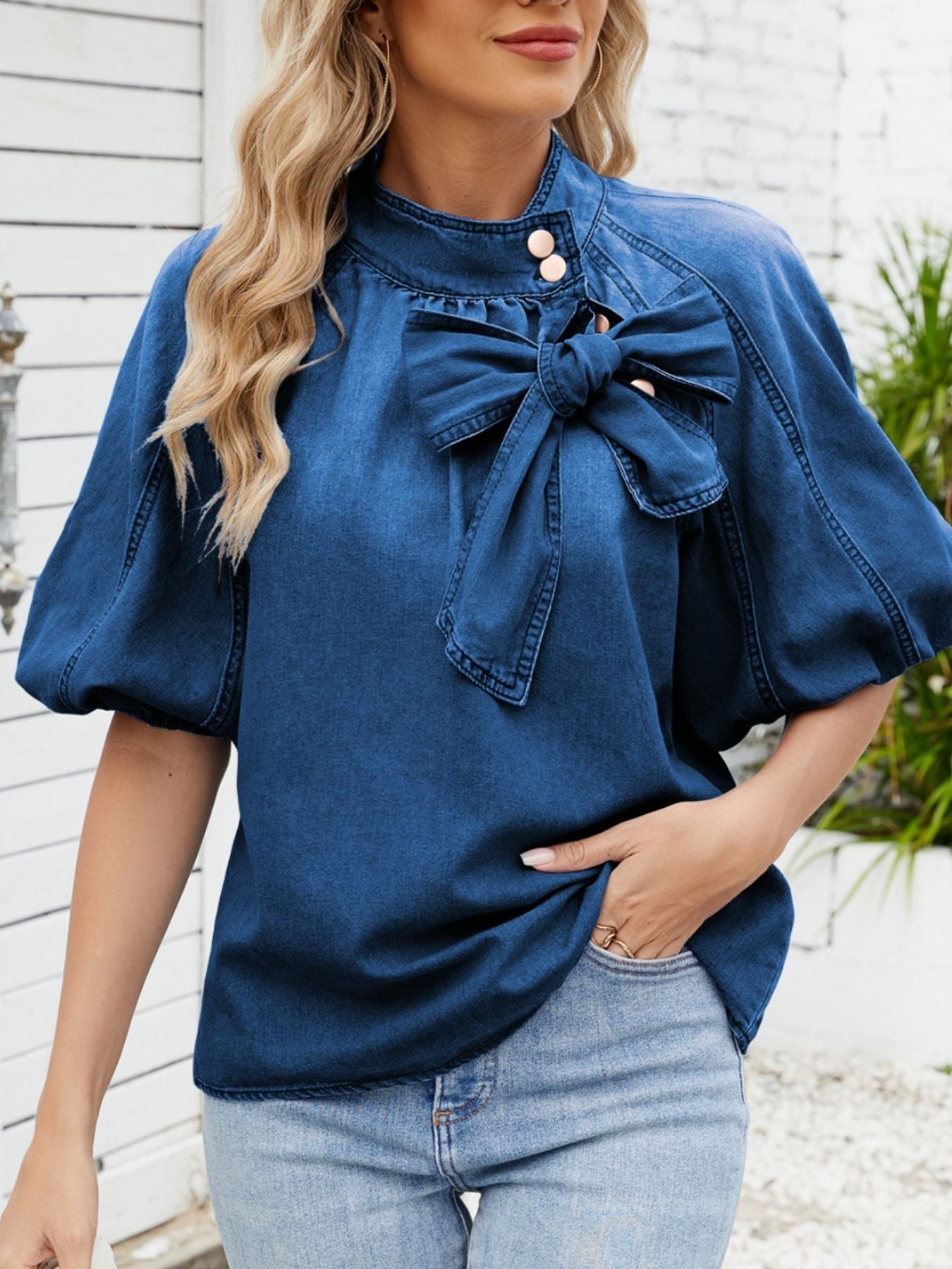 Bow Accent Puff Sleeve Denim Top