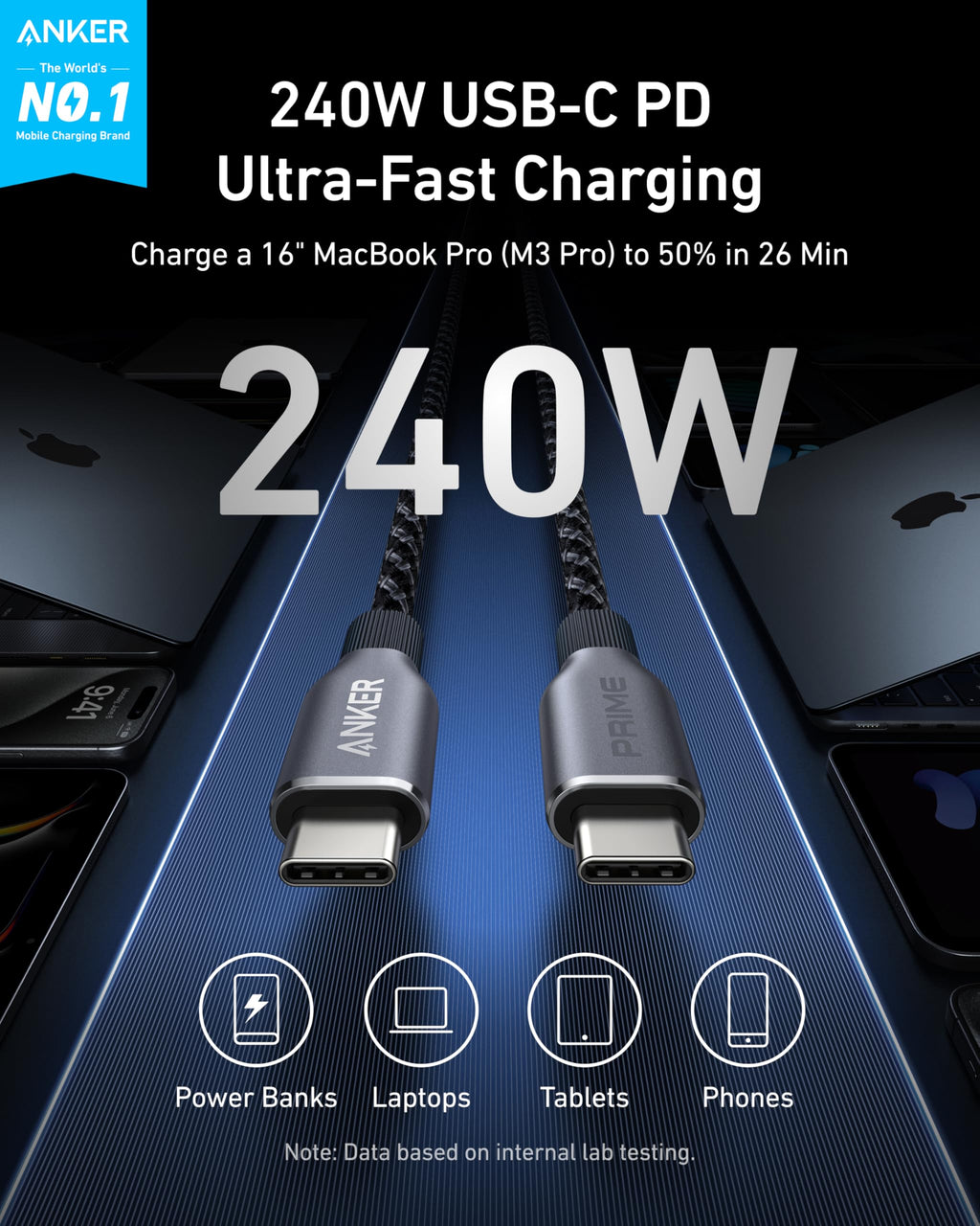 Anker Prime USB-C to USB-C Cable (240W, Upcycled-Braided), view 8