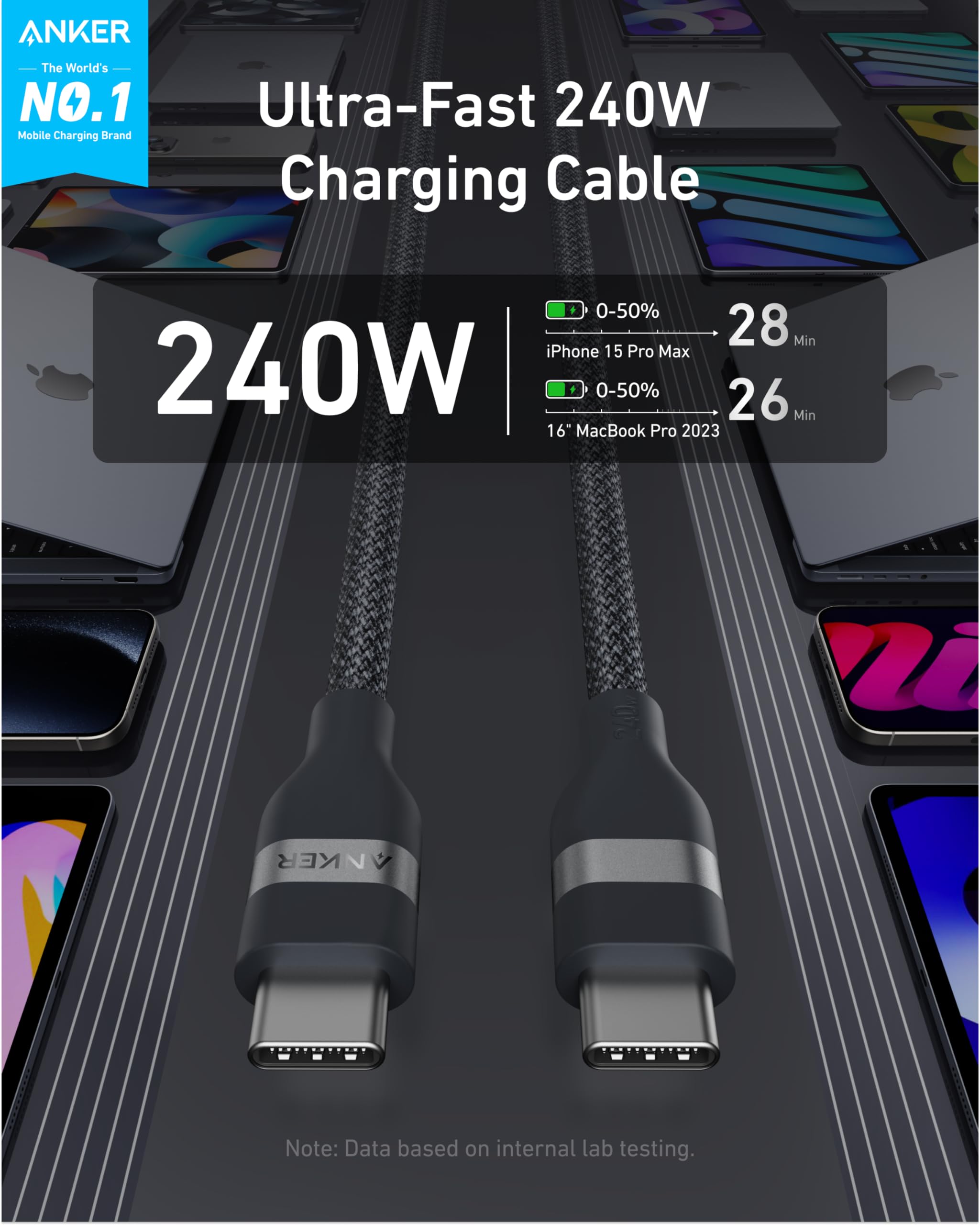 Anker USB-C to USB-C Cable (3 ft / 6 ft, 240W, Upcycled-Braided), view 9