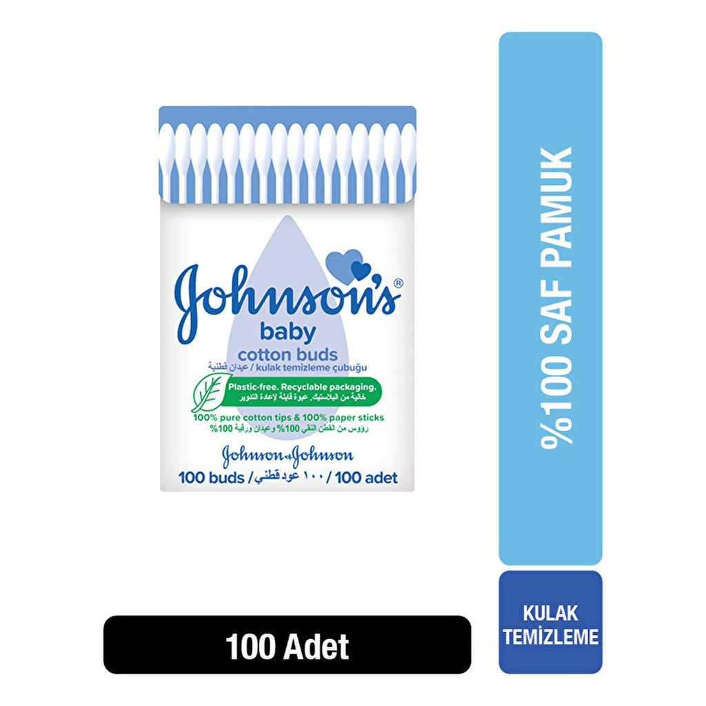 Johnson's Baby Cotton Swabs - 100% Soft Cotton Buds for Gentle Baby Hygiene, Ear Cleaning & Safe Application - 100 Count