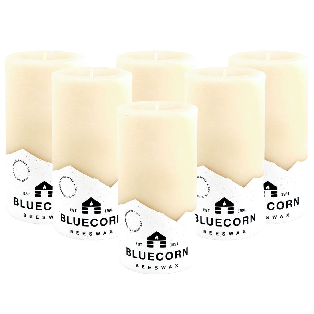 Bluecorn Candles Ivory Pure Beeswax Pillar Candles — branding close-up
