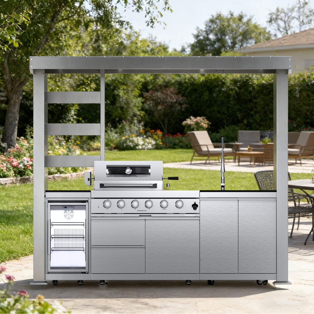 Castelle Flame Imperial 110-Inch 4-Burner 72K BTU Deluxe Stainless Steel Outdoor Kitchen Grill Island With Wine Cooler, Rotis