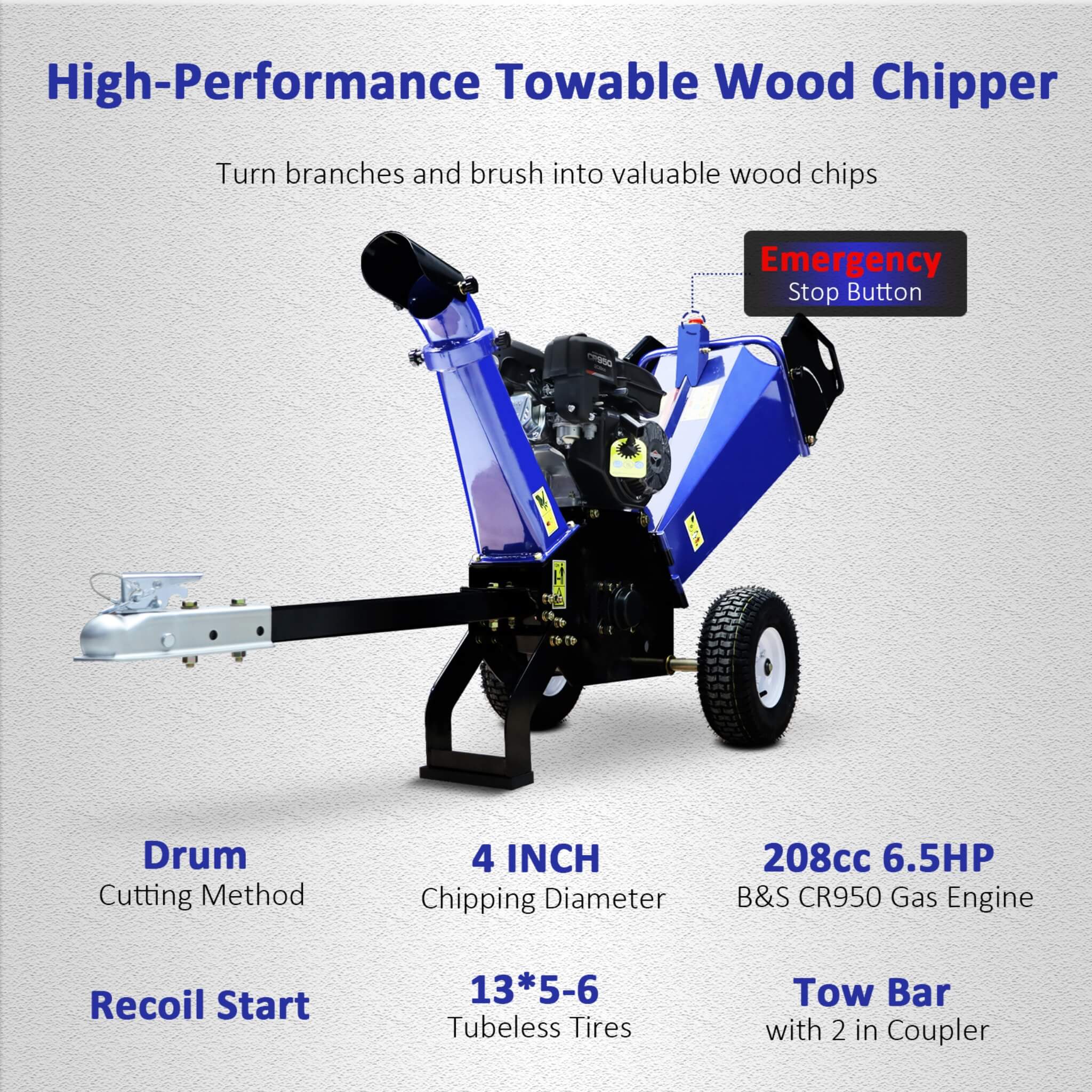 Heavy-Duty 4-Inch 208CC Gas Drum Wood Chipper Shredder With Tow Hitch (SAK47504) – SAKSBY WHOLESALE, view 4