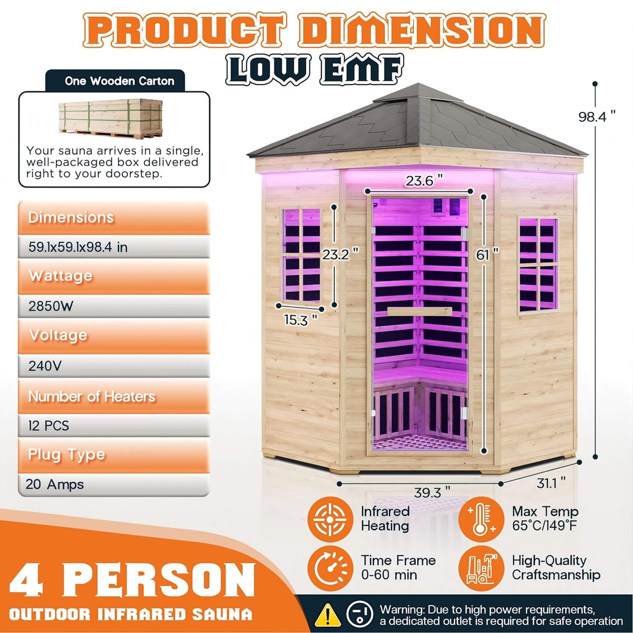Thermora Monaco 4-Person Low EMF Spruce Wood Outdoor Infrared Sauna With Bluetooth Speakers And LED Lights (SAK16270) – SAKSB