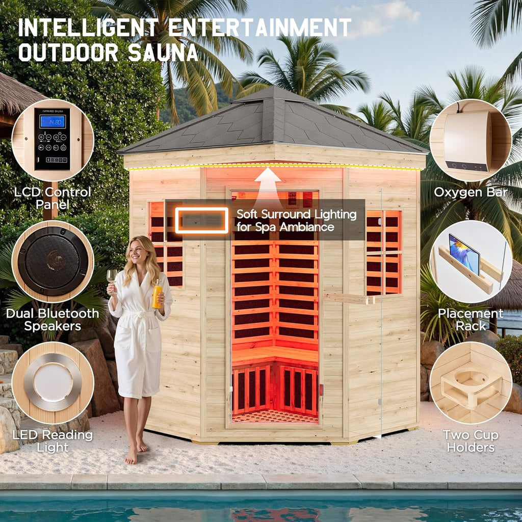 Thermora Monaco 4-Person Low EMF Spruce Wood Outdoor Infrared Sauna With Bluetooth Speakers And LED Lights (SAK16270) – SAKSB