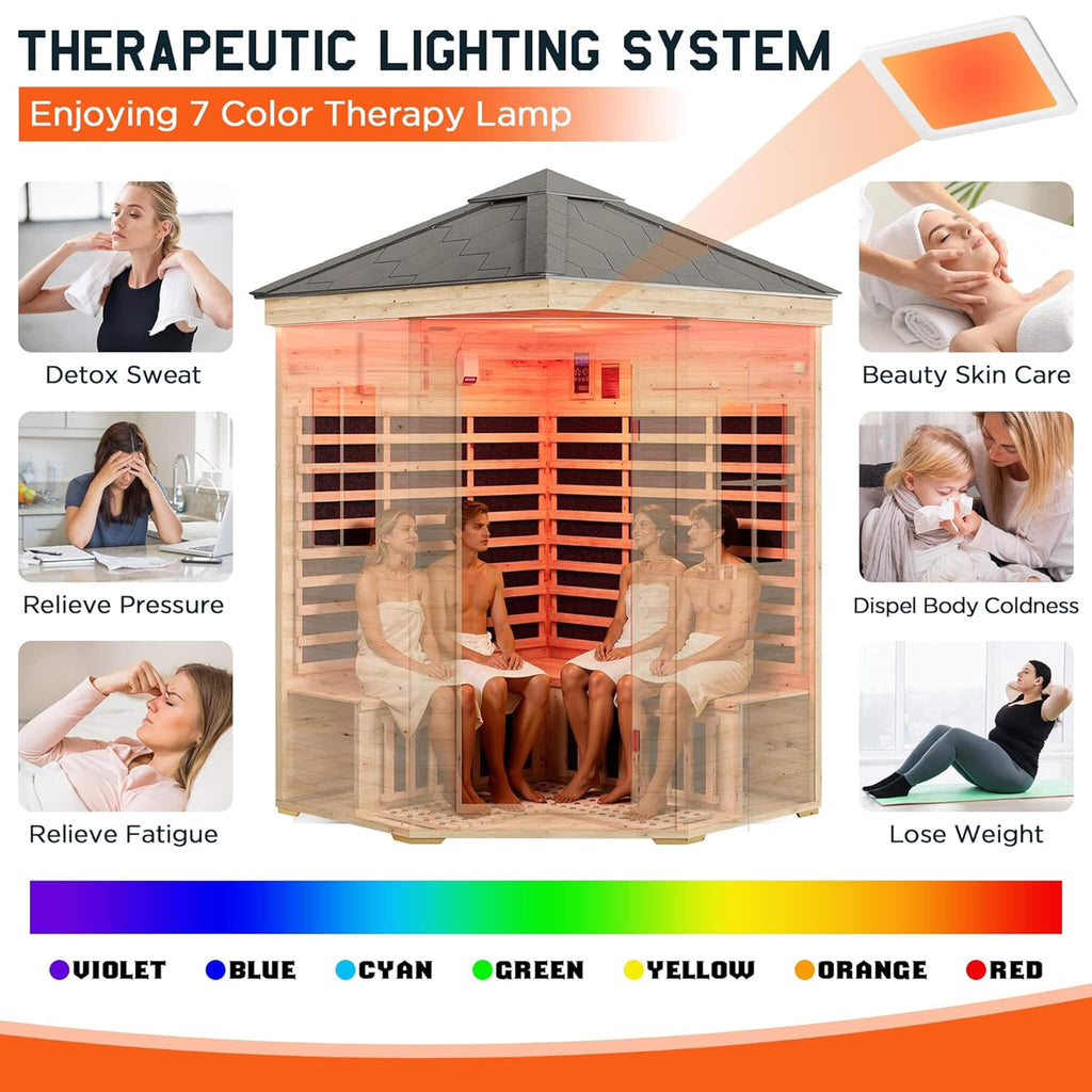 Thermora Monaco 4-Person Low EMF Spruce Wood Outdoor Infrared Sauna With Bluetooth Speakers And LED Lights (SAK16270) – SAKSB