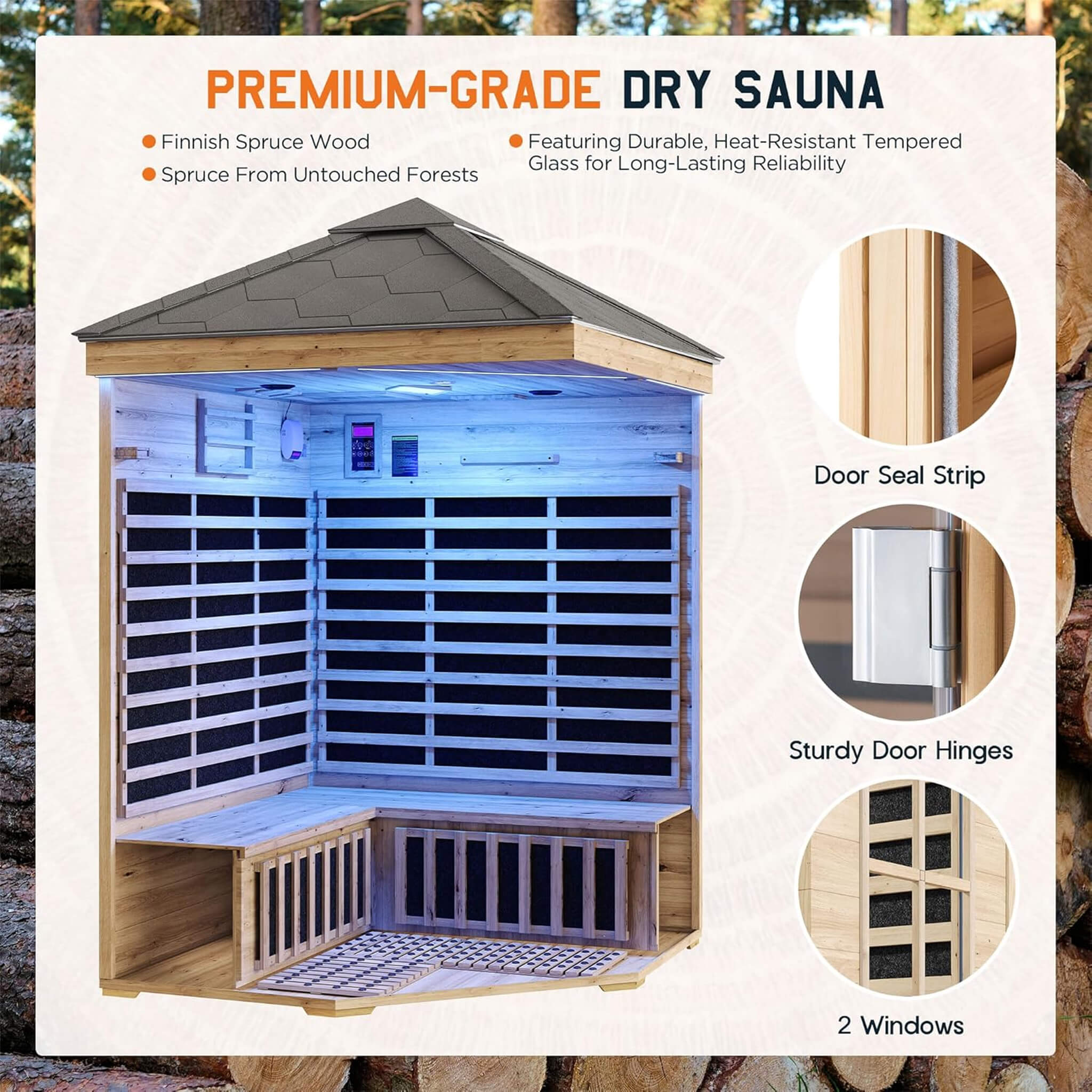 Thermora Monaco 4-Person Low EMF Spruce Wood Outdoor Infrared Sauna With Bluetooth Speakers And LED Lights (SAK16270) – SAKSB