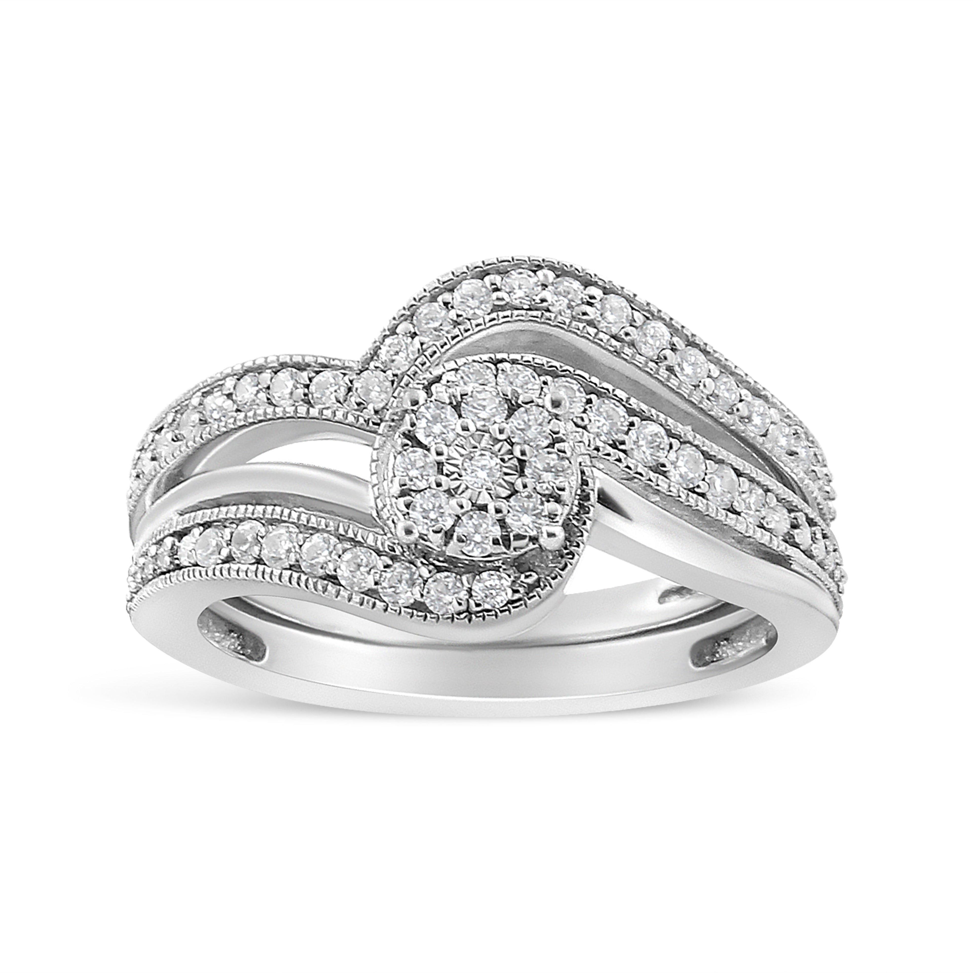 .925 Sterling Silver 1/3ct Cttw Multi-Diamond Bypass Vintage-Style Bridal Set Ring and Band (I-J Color, I3 Clarity) - Size 7