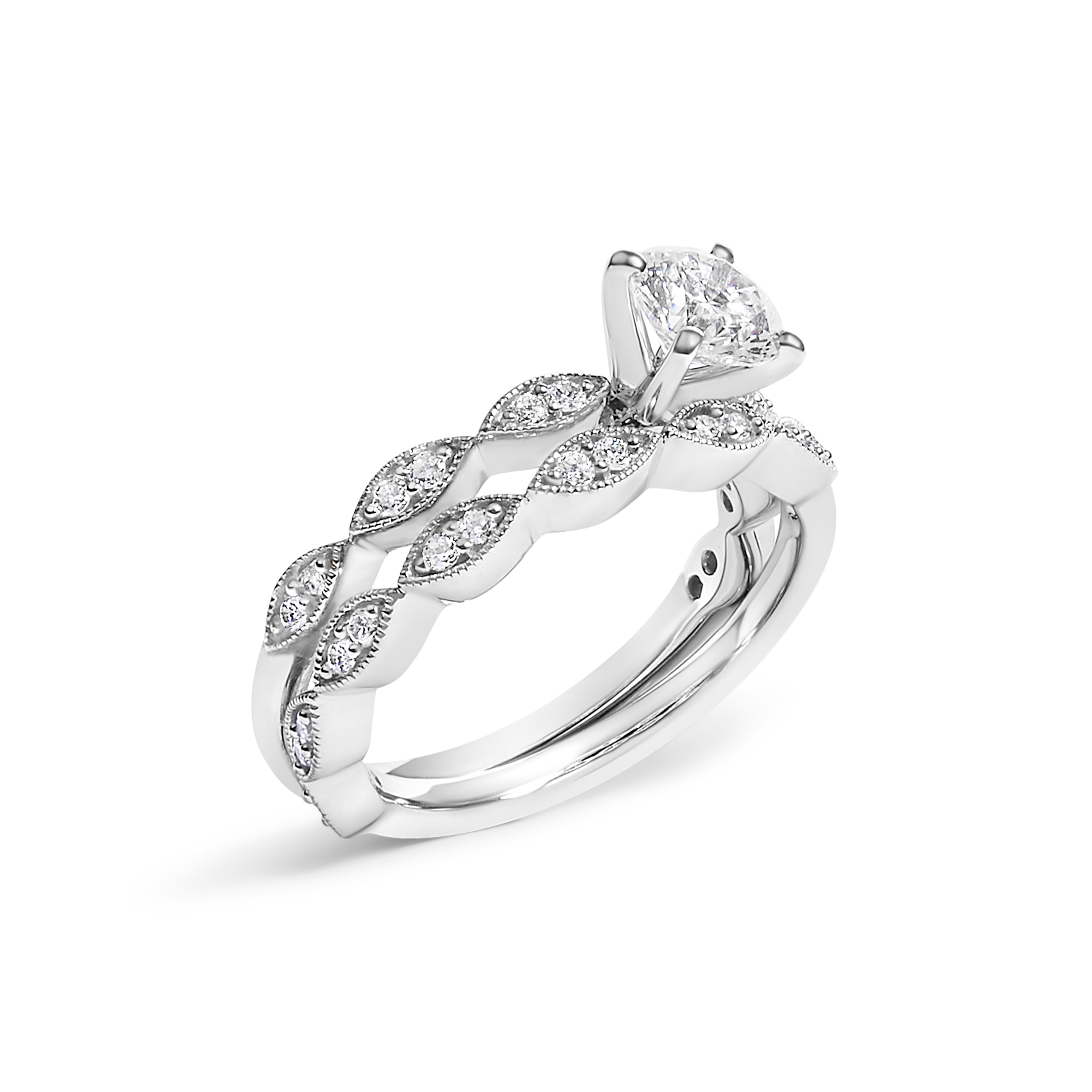 14K White Gold 1.0 Cttw Lab Grown Diamond Vintage Style Marquise Link Bridal Ring Set (F-G Color, VS1-VS2 Clarity) - Ring Size 5