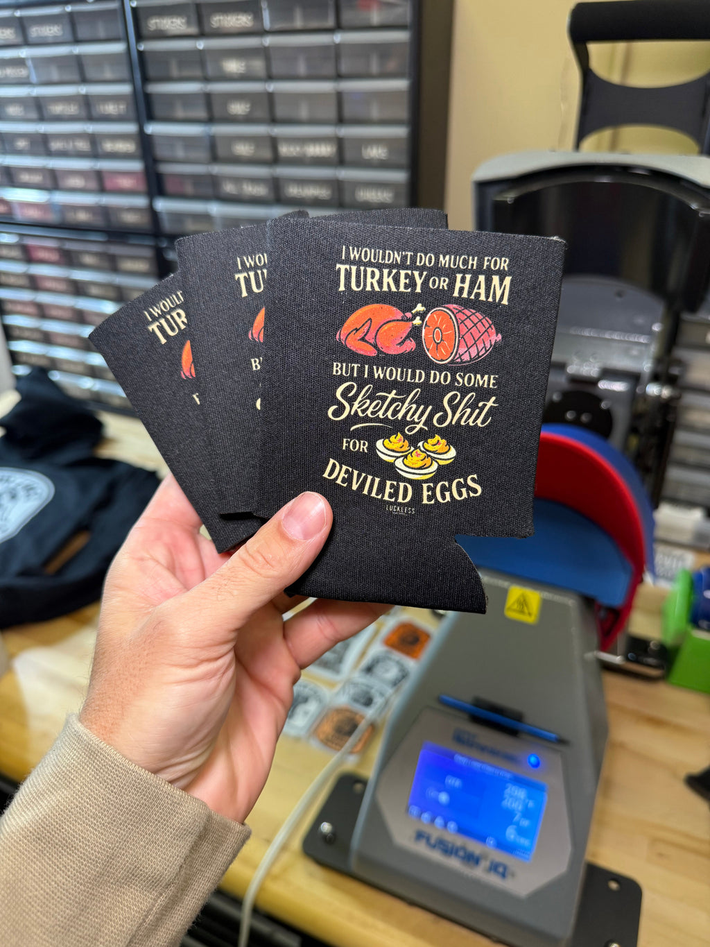 Luckless Outfitters Sketchy For Deviled Eggs Koozie — lifestyle context