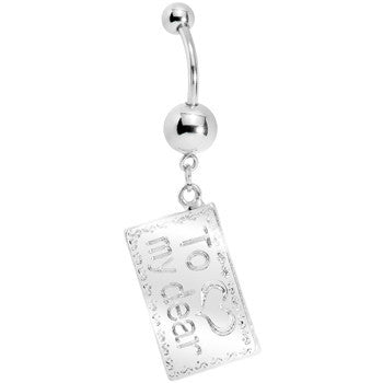 BodyCandy Aqua Gem Love Letter Dangle Belly Ring — detail close-up