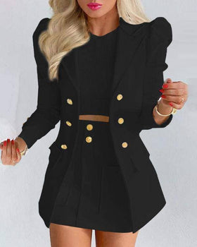 Black puff sleeve double breasted blazer skirt set