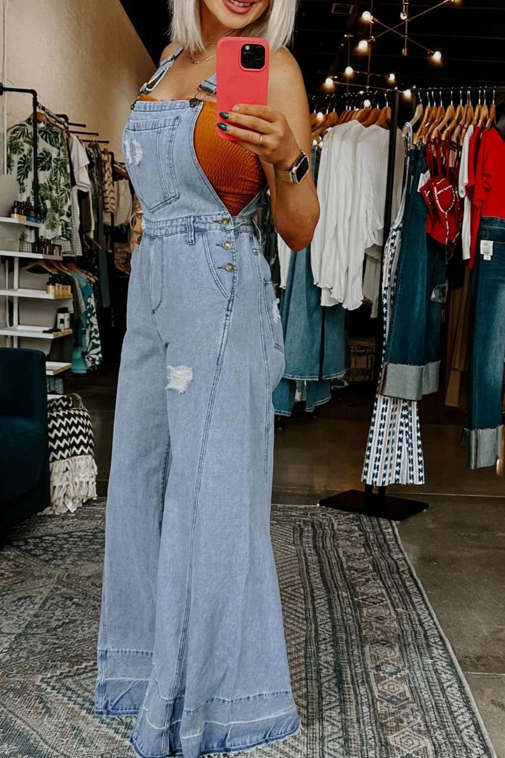 Distressed Wide Leg Denim Overalls