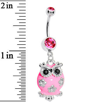 BodyCandy Pink Gem Flower Owl Belly Ring — detail close-up