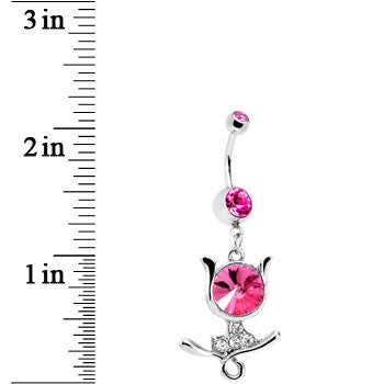 BodyCandy Pink Gem Floral Wisp Tulip Leaf Flower Belly Ring — detail close-up